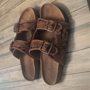 American Darling Tool Women's Carved Brown Leather Sandals Sz 9
